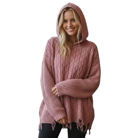 BKE dusty rose/mauve distressed hem hooded oversized sweater size Medium - Picture 1 of 6